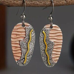Bohemian Style Tri Color Mixed Metal Engraved Flower Oval Shape Drop Earrings